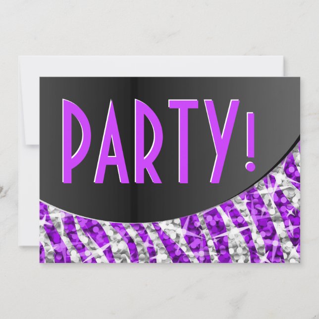 Glitz Zebra Purple black curve 'Party!' Invitation (Front)