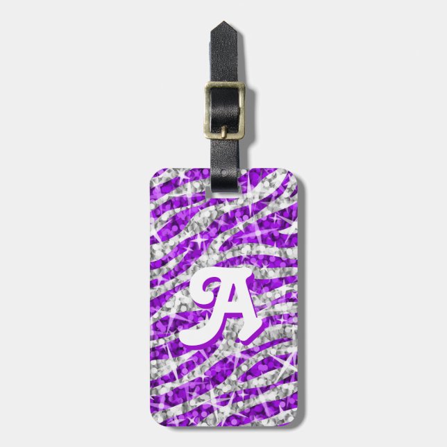 Glitz Zebra Purple initial 'text' luggage tag (Front Vertical)