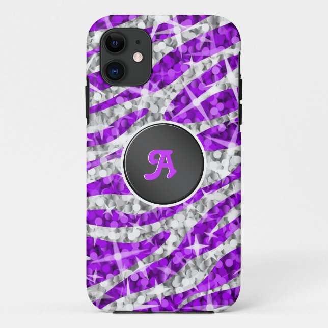 Glitz Zebra Purple monogram iPhone case black (Back)