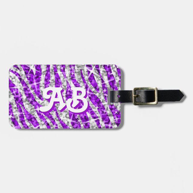 Glitz Zebra Purple monogram 'text' luggage tag (Front Horizontal)