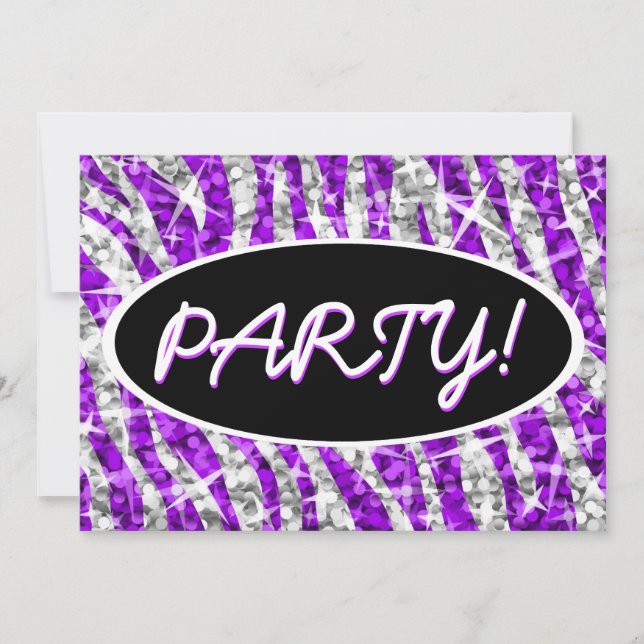 Glitz Zebra Purple 'Party!' black oval invitation (Front)