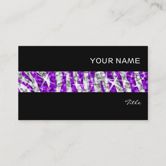 Glitz Zebra Purple stripe business card black (Front)