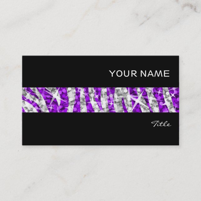 Glitz Zebra Purple stripe business card black (Front)