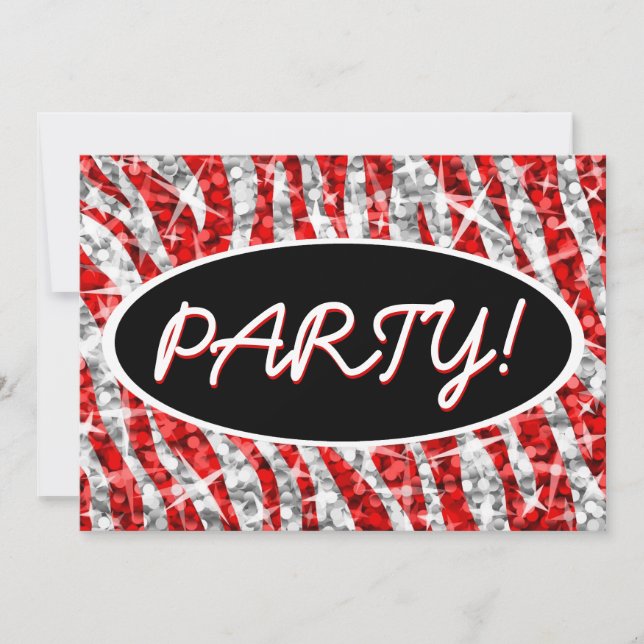 Glitz Zebra Red 'Party!' black oval invitation (Front)