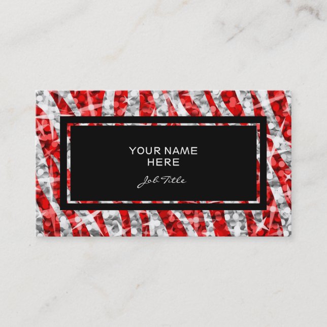Glitz Zebra Red rectangle business card black (Front)