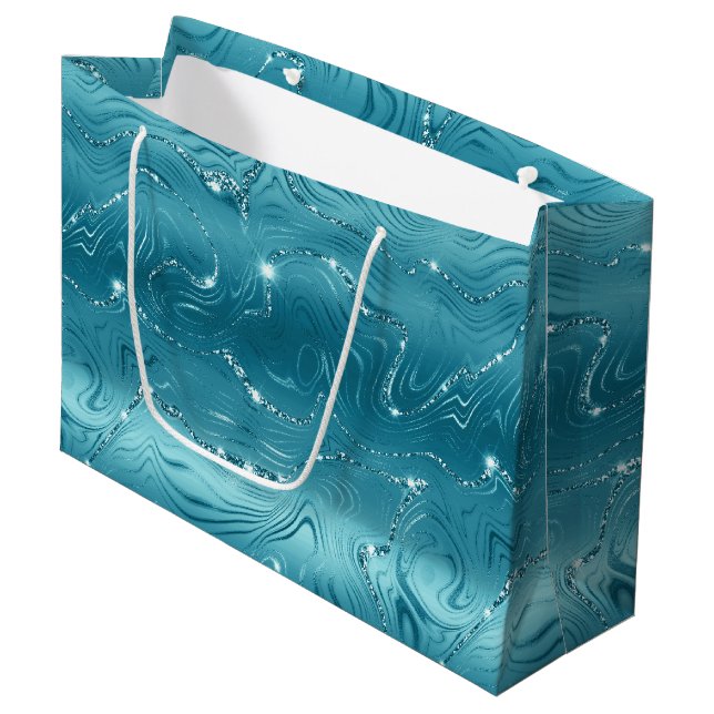 Glitzy Aqua Blue Turquoise Glitter Birthday Large Gift Bag (Front Angled)
