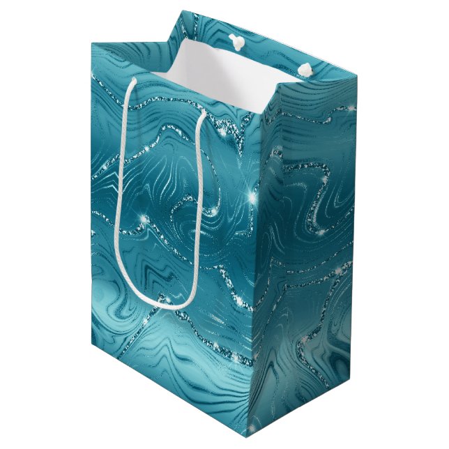 Glitzy Aqua Blue Turquoise Glitter Birthday Medium Gift Bag (Front Angled)