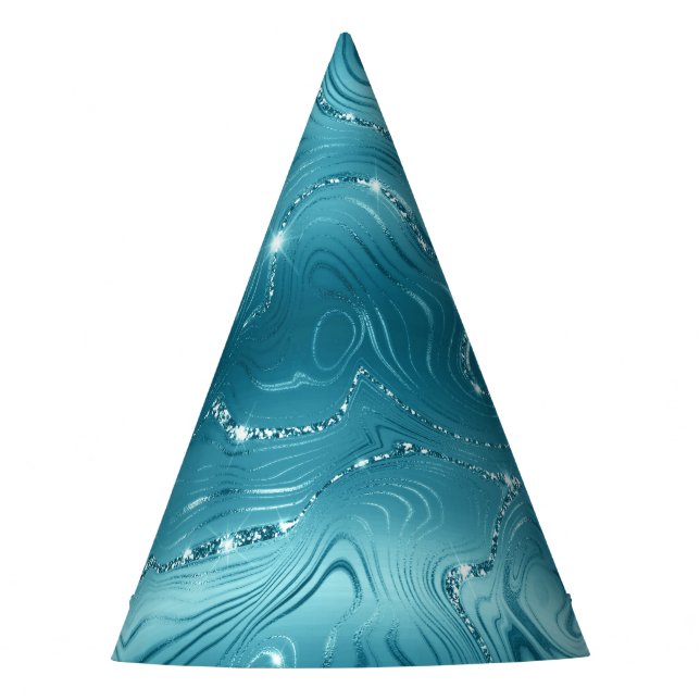 Glitzy Aqua Blue Turquoise Glitter Birthday Party Hat (Front)