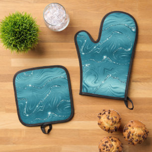 Glitzy Aqua Blue Turquoise Marble Oven Mitt & Pot Holder Set