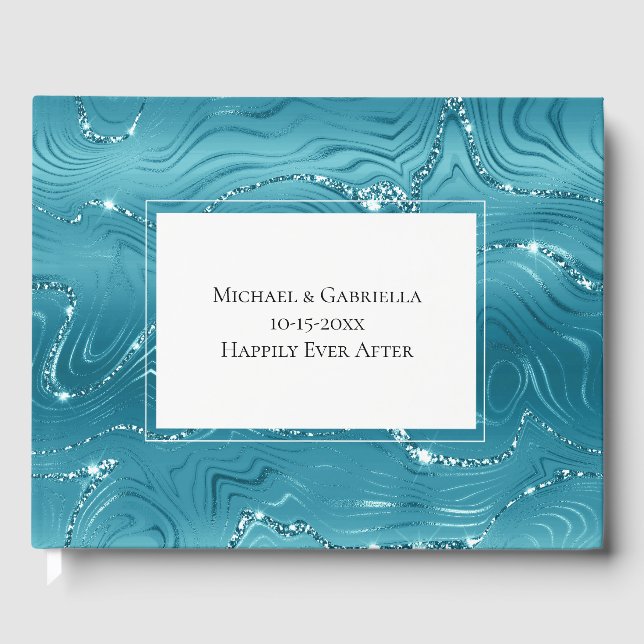 Glitzy Aqua Blue Turquoise Marble Wedding Guest Book (Front)