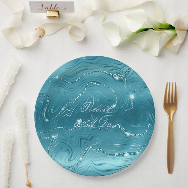 Glitzy Aqua Blue Wedding Paper Plate (Wedding)