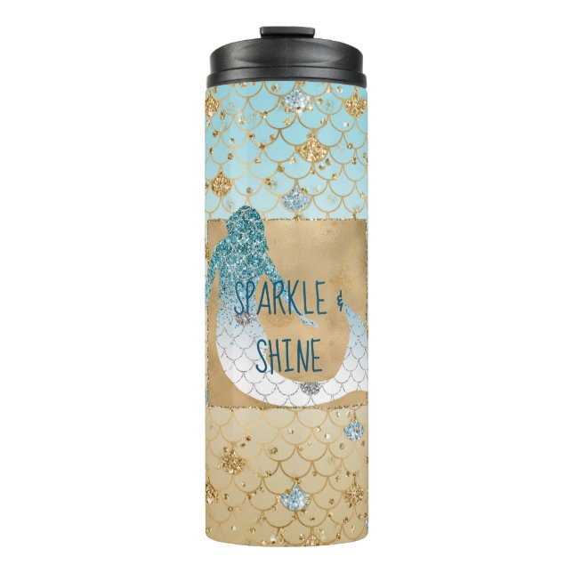 Glitzy Aqua Mermaid Blue Gold Sparkle Glitter     Thermal Tumbler (Front)