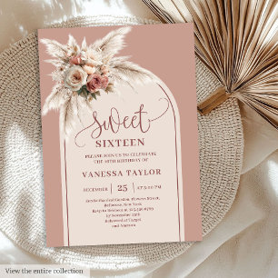 Glitzy Arch Pastel Pink Pampas Floral Boho Sixteen Invitation