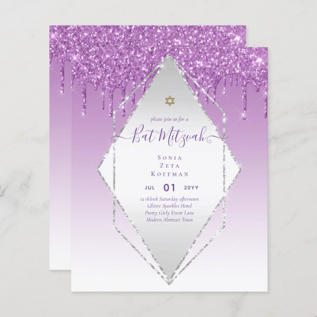 Glitzy BAT MITZVAH Invites Glitter Sparkles Modern (Front/Back)