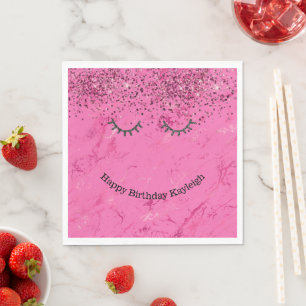 Glitzy Black Eyelashes Pink Glitter Birthday Napkin