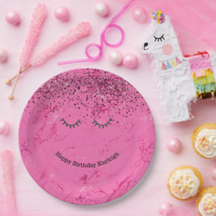 Glitzy Black Eyelashes Pink Glitter Birthday Paper Plate