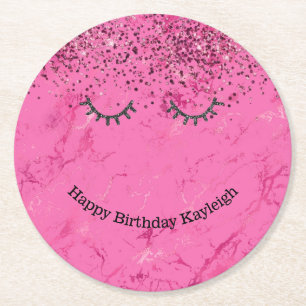 Glitzy Black Eyelashes Pink Glitter Birthday Round Paper Coaster