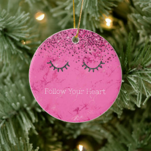 Glitzy Black Eyelashes Pink Marble Glitter Ceramic Tree Decoration
