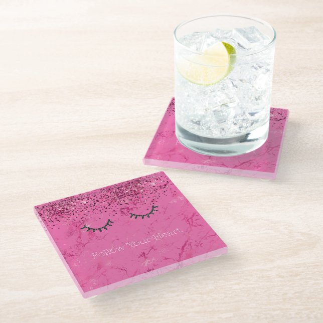 Glitzy Black Eyelashes Pink Marble Glitter Glass Coaster (Angled)