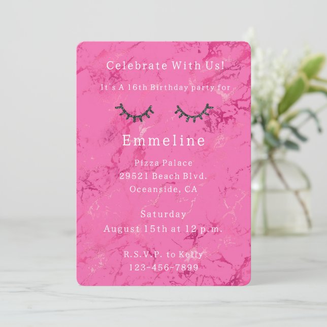 Glitzy Black Glitter Eyelashes Pink Birthday Invitation (Standing Front)