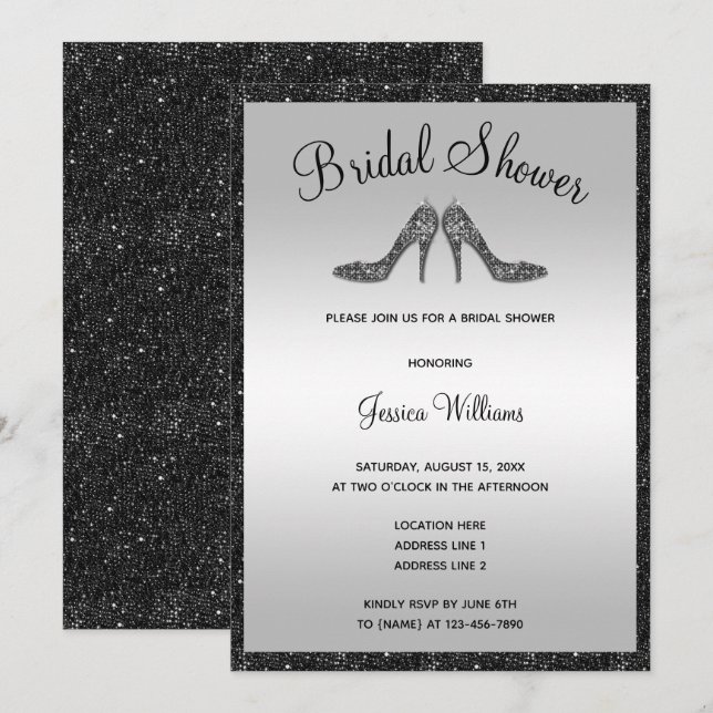 Glitzy Black Sequins & Stilettos Bridal Shower Invitation (Front/Back)