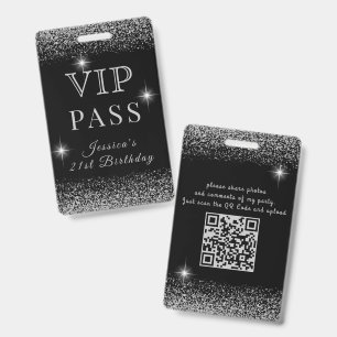 Glitzy Black & Silver Sparkly VIP Birthday Pass ID Badge
