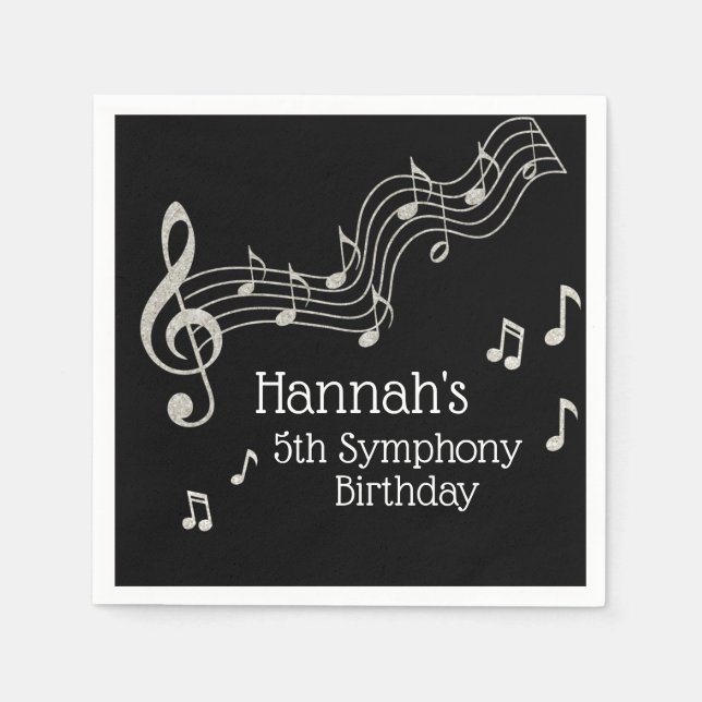 Glitzy Black & White Musical Notes Birthday  Napkin (Front)
