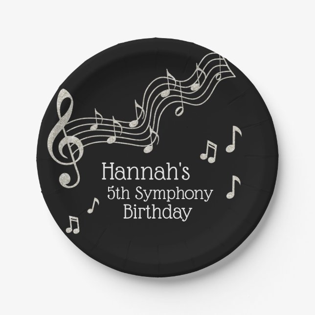 Glitzy Black & White Musical Notes Birthday Paper Plate (Front)