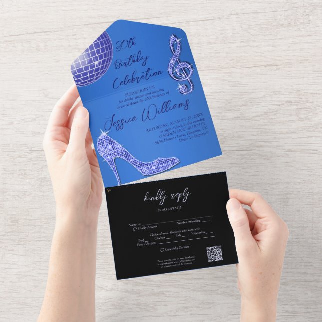 Glitzy Blue & Black 30th Birthday QR Code All In One Invitation (Tearaway)