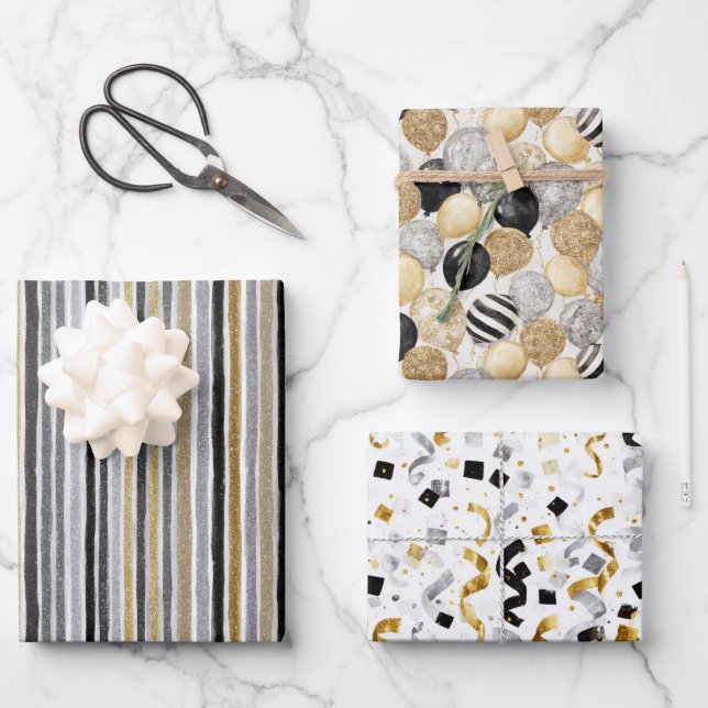 Glitzy Blue Gold Black Silver Christmas Confetti Wrapping Paper Sheet (Front)