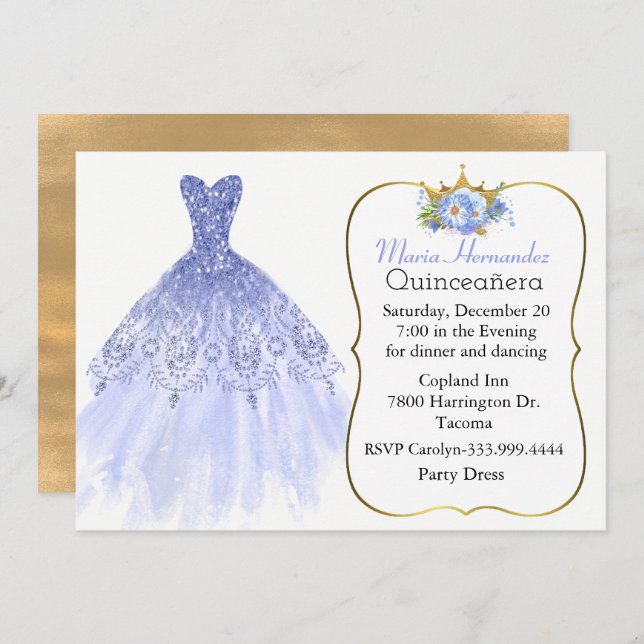 Glitzy Blue Gown Quinceañera Invitation (Front/Back)