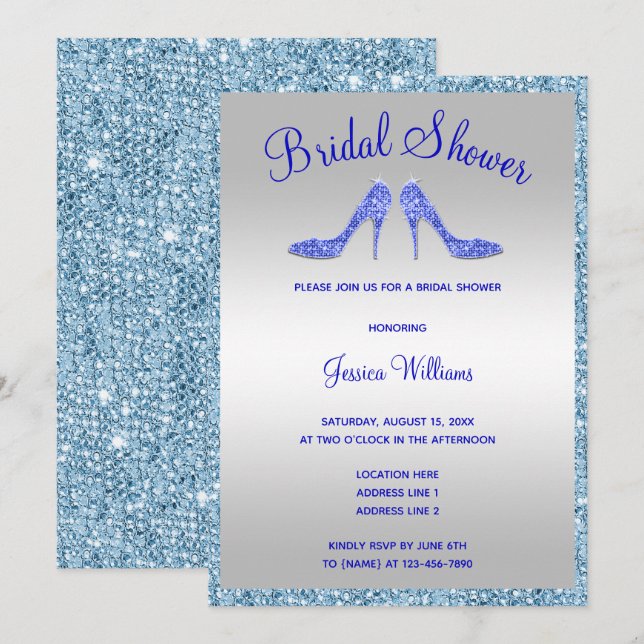 Glitzy Blue Sequins & Stilettos Bridal Shower Invitation (Front/Back)