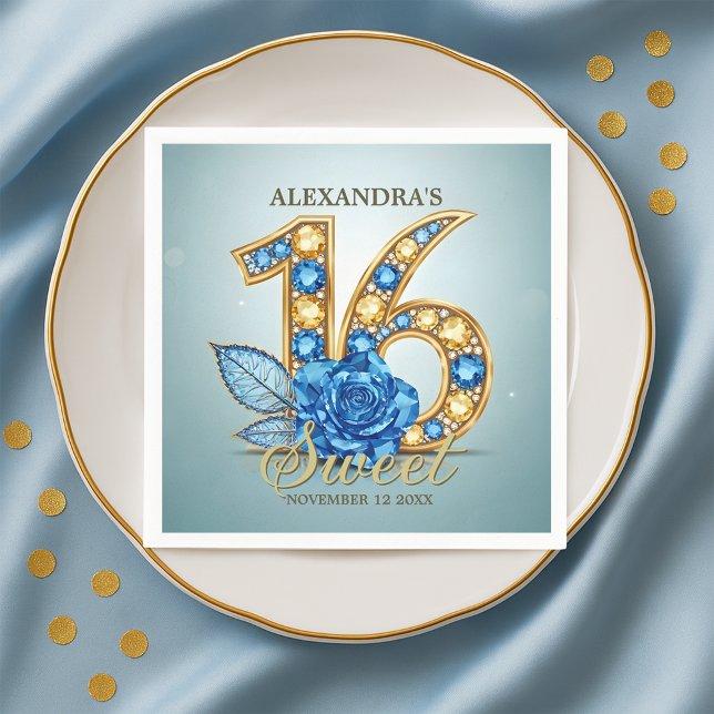 Glitzy Chic Blue Rose Gold Gemstone Sweet 16 Napkin (Creator Uploaded)