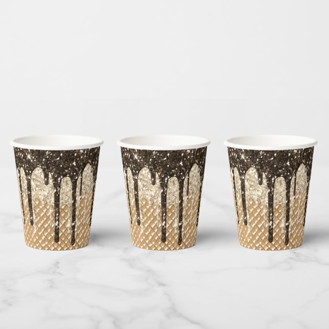 Glitzy Chocolate Ice Cream Cone Glitter Drips  Paper Cups (Multi)