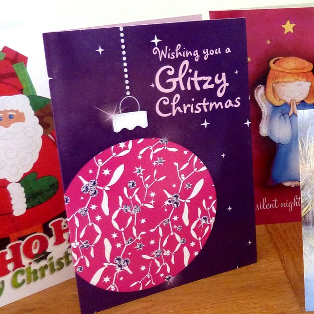 Glitzy Christmas sparkle bauble pink/purple card (Creator Uploaded)
