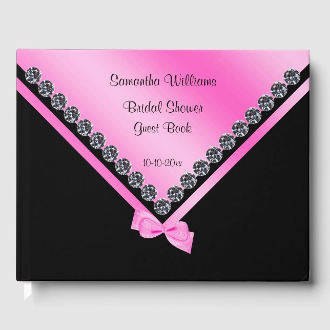 Glitzy Diamonds & Pink Bow Bridal Shower Guest Book (Front)