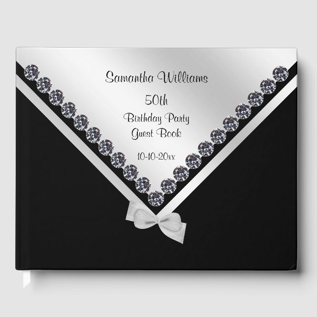 Glitzy Diamonds & Silver Bow 50th Birthday Guest Book (Front)
