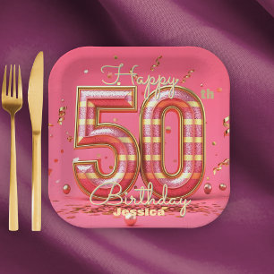 Glitzy Elegant Striped Pink & Gold 50th Birthday  Paper Plate