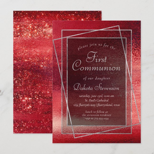Glitzy Foil | Henna Crimson Red First Communion Invitation (Front/Back)