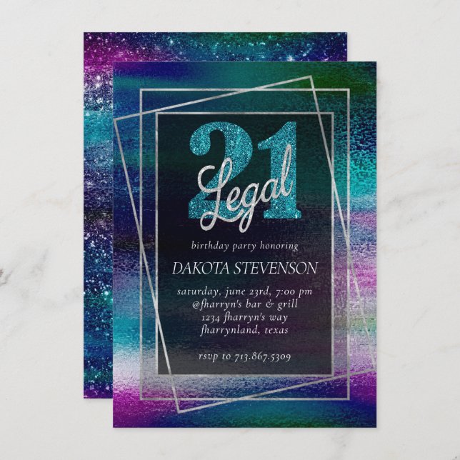 Glitzy Foil | Holographic Dark Ombre 21 and Legal Invitation (Front/Back)