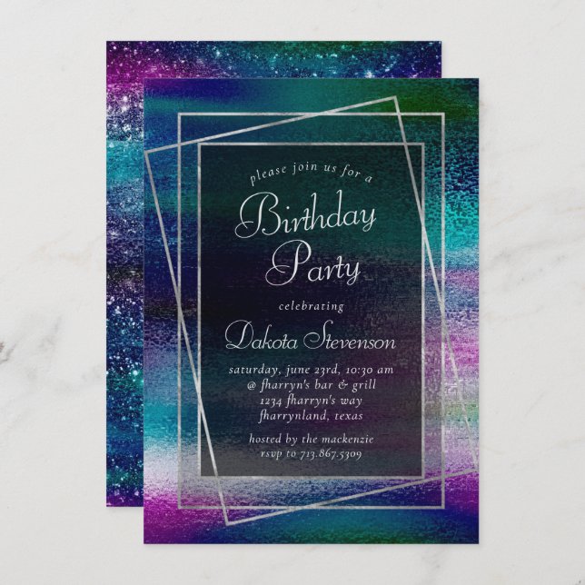 Glitzy Foil | Holographic Metallic Birthday Party Invitation (Front/Back)