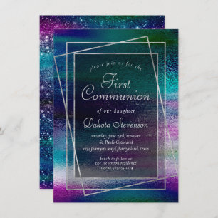 Glitzy Foil   Holographic Ombre First Communion Invitation