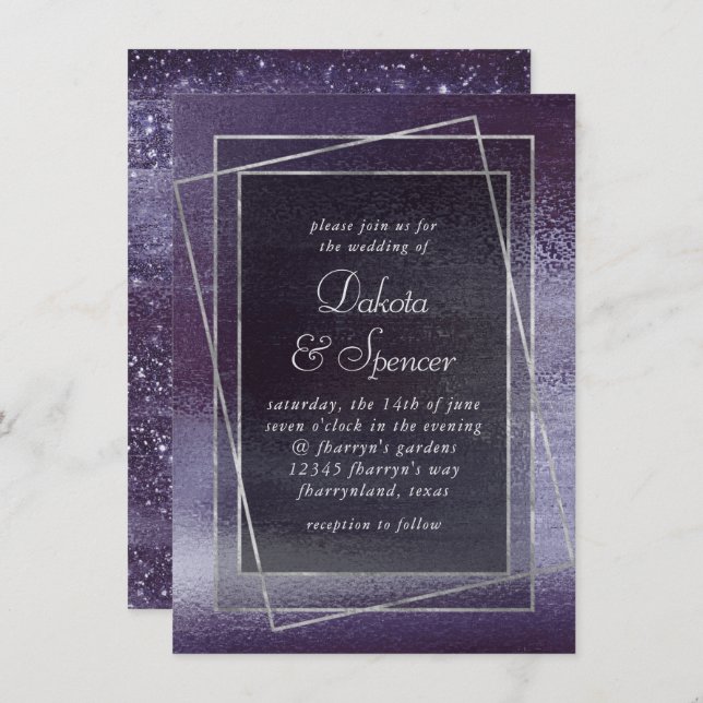 Glitzy Foil | Indigo Purple Sparkle Glam Wedding Invitation (Front/Back)