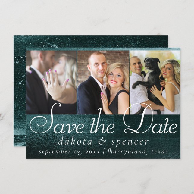 Glitzy Foil | Midnight Teal Faux Metallic 3 Photo Save The Date (Front/Back)