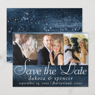 Glitzy Foil Navy Blue Dark Faux Glitter 3 Photo Save The Date