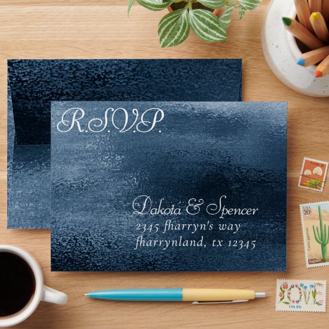 Glitzy Foil | Navy Blue Glitter RSVP Pre-Addressed Envelope (Desk)