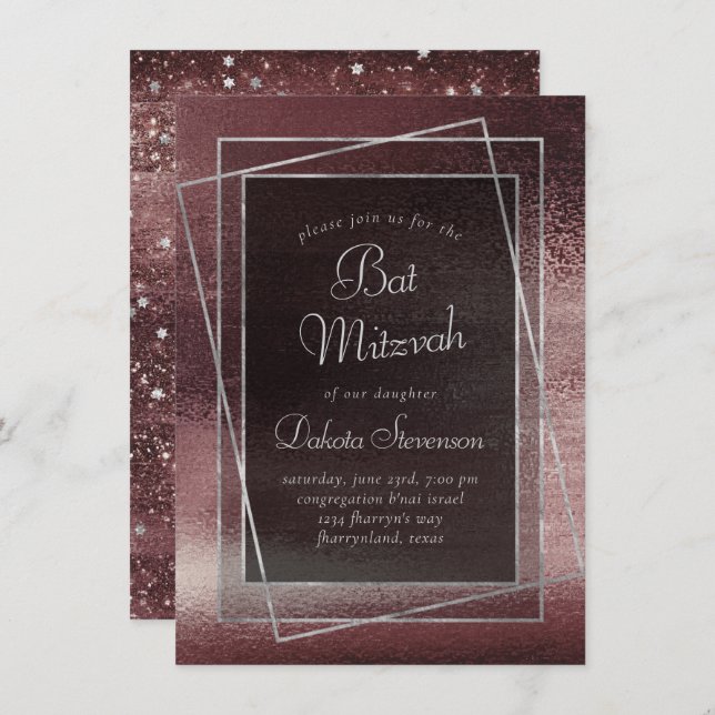 Glitzy Foil | Rose Gold Blush Glam Bar Bat Mitzvah Invitation (Front/Back)