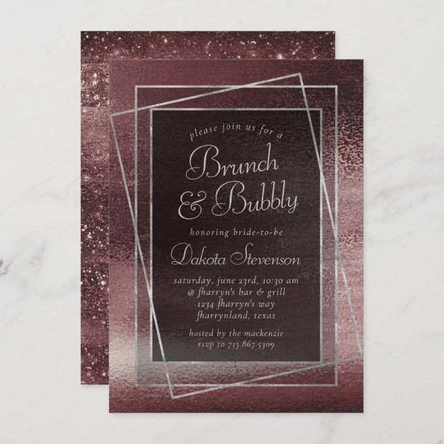 Glitzy Foil | Rose Gold Blush Glam Bubbly Brunch Invitation (Front/Back)
