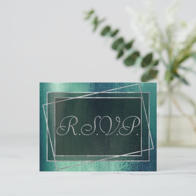 Glitzy Foil | Seafoam Green Aqua Faux Sparkle RSVP Invitation Postcard (Standing Front)