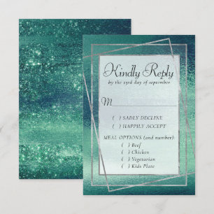 Glitzy Foil Seafoam Green Aqua Sparkle Entree RSVP Card
